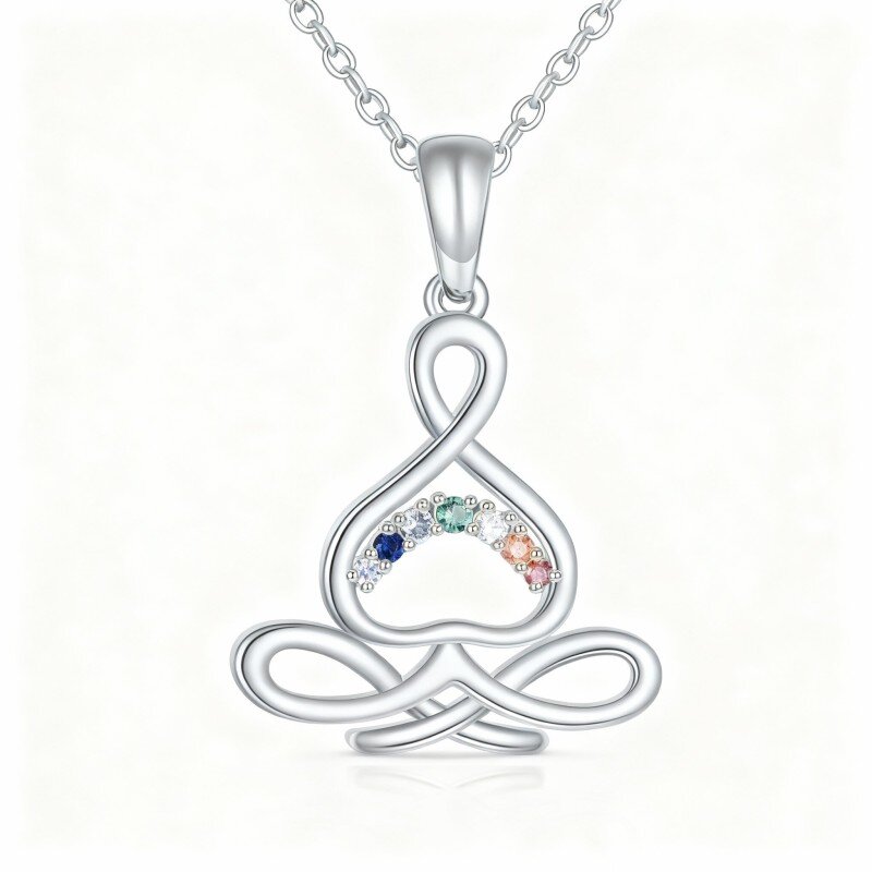 10K White Gold Cubic Zirconia Chakras & Yoga Pendant Necklace-10