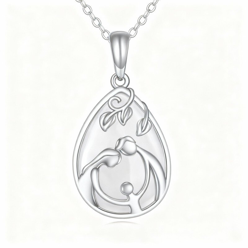 Colar com pendente de calcedônia em ouro branco 10K representando pais e filhos-1