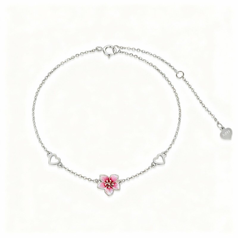 Pulseira com pendente de flor de cerejeira e coração em ouro branco 10K-15