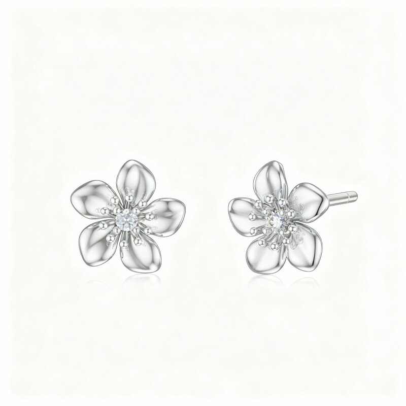10K White Gold Cubic Zirconia Cherry Blossom Stud Earrings-6