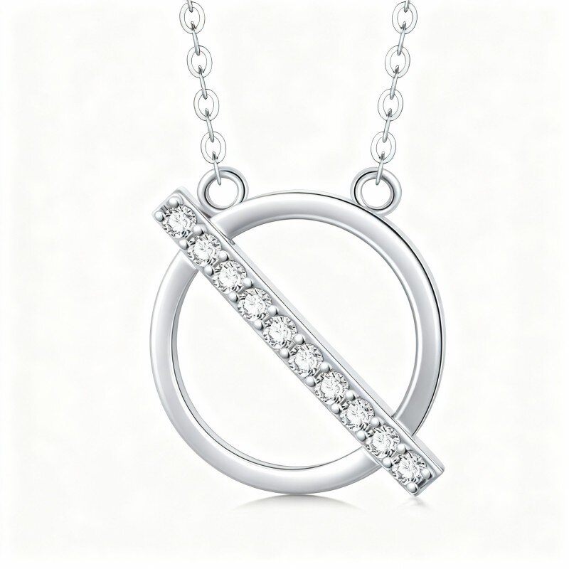 10K White Gold Cubic Zirconia Circle Pendant Necklace-2