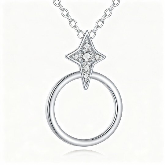 10K White Gold Cubic Zirconia Circle & Star Pendant Necklace
