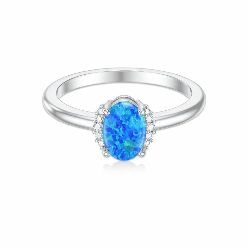 Obrączka ślubna z białego złota 10K w kształcie koła i owalu z diamentami i opalem-5