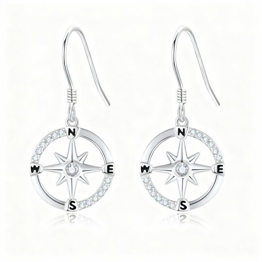 أقراط متدلية من الذهب الأبيض عيار 10 قيراط مرصعة بالزركونيا المكعبة على شكل بوصلة