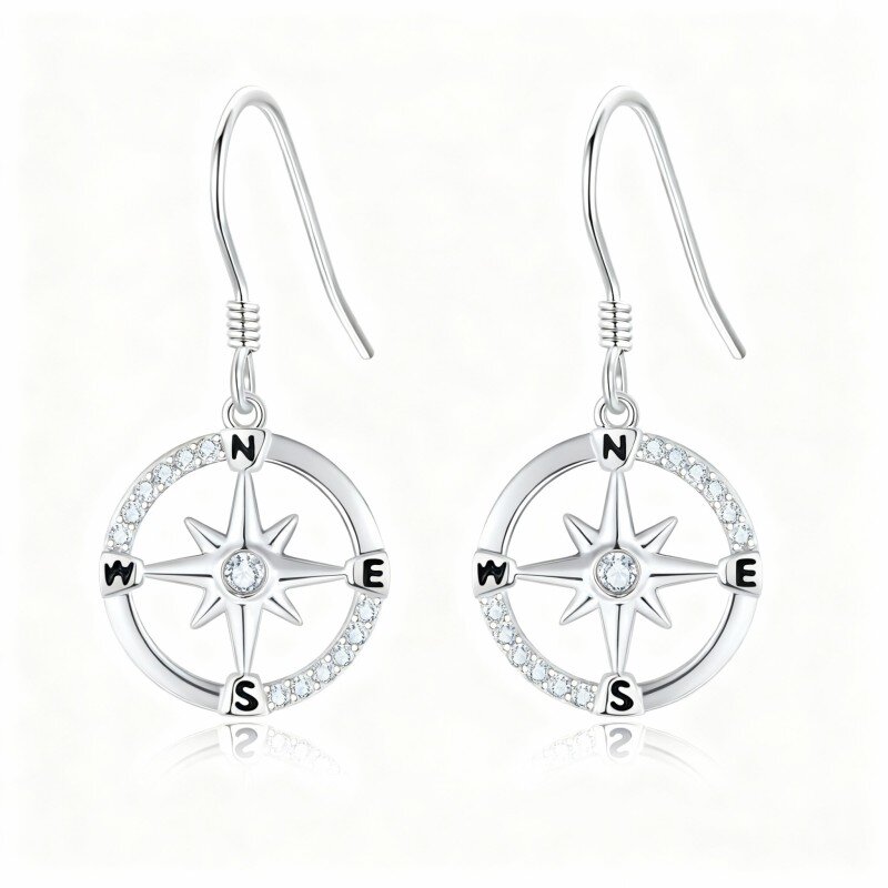 Orecchini pendenti a forma di bussola in oro bianco 10 carati con zirconi cubici-18