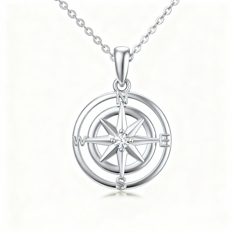 10K White Gold Cubic Zirconia Compass Pendant Necklace-6