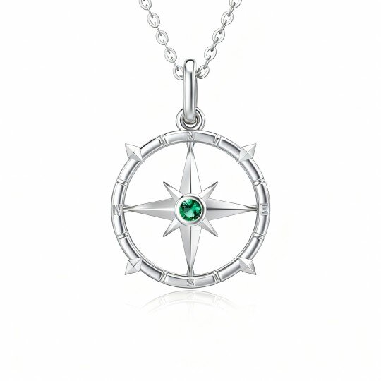 10K White Gold Cubic Zirconia Compass Pendant Necklace