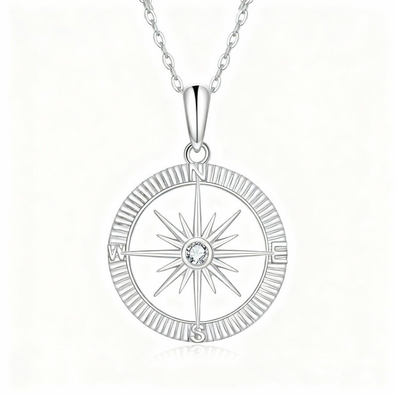 Colar com pendente de bússola em ouro branco 10K e zircónias cúbicas-19