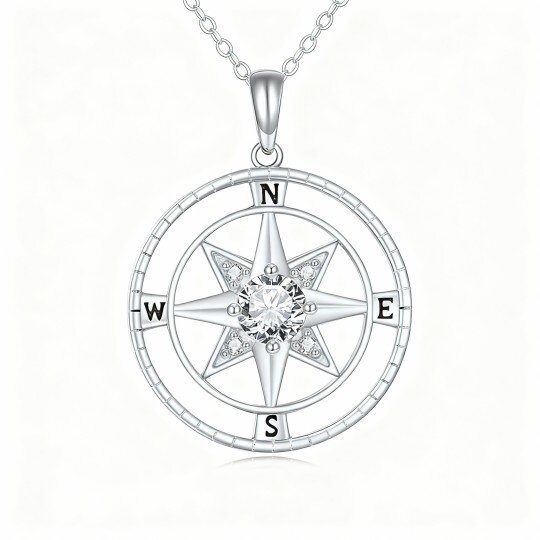 10K White Gold Cubic Zirconia Compass & Star Pendant Necklace