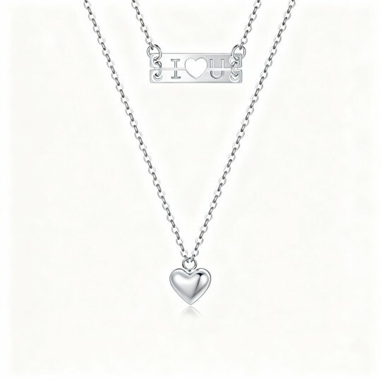 10K White Gold Couple & Heart Layered Necklace with Engraved Word