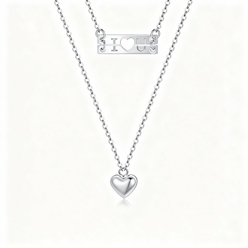10K White Gold Couple & Heart Layered Necklace with Engraved Word-3