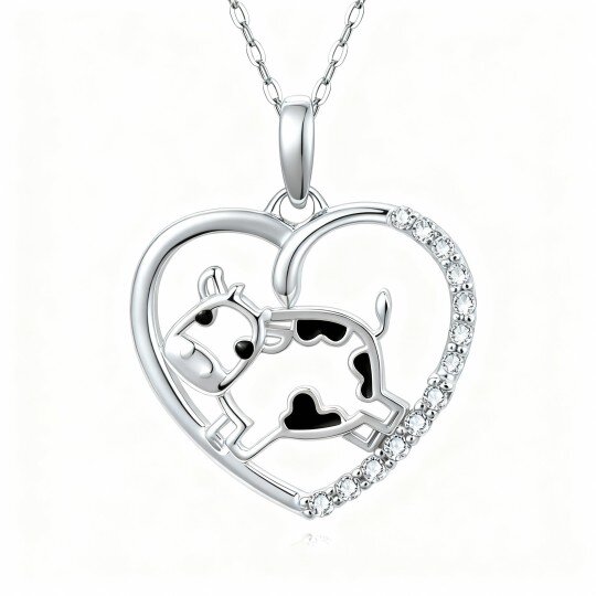 10K White Gold Cubic Zirconia Cow & Heart Pendant Necklace
