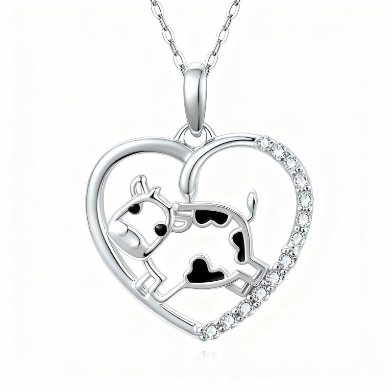 10K White Gold Cubic Zirconia Cow & Heart Pendant Necklace-1