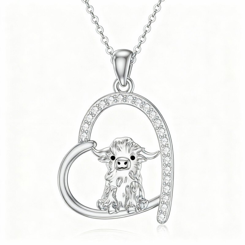 Colar com pendente de vaca e coração em ouro branco 10K com zircónias cúbicas-1