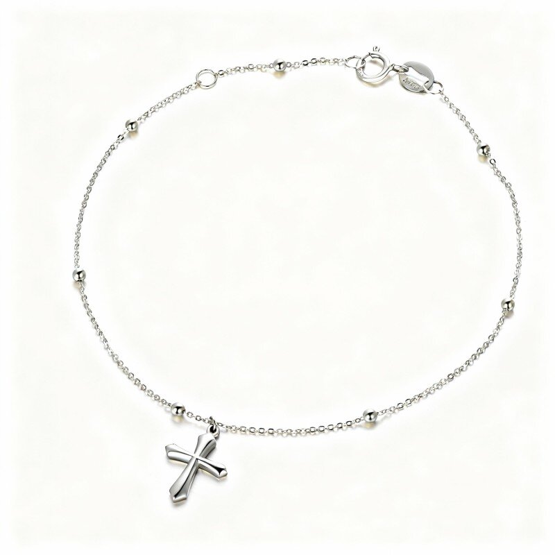 10K White Gold Cross Bead Station Chain Bracelet-16