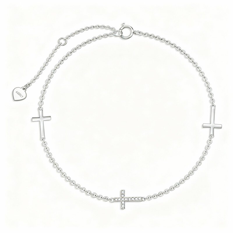 Pulsera con dije de cruz de oro blanco de 18 quilates y circonitas cúbicas-1
