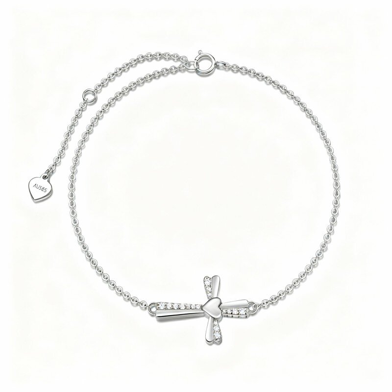 10K White Gold Cubic Zirconia Cross Charm Bracelet-3