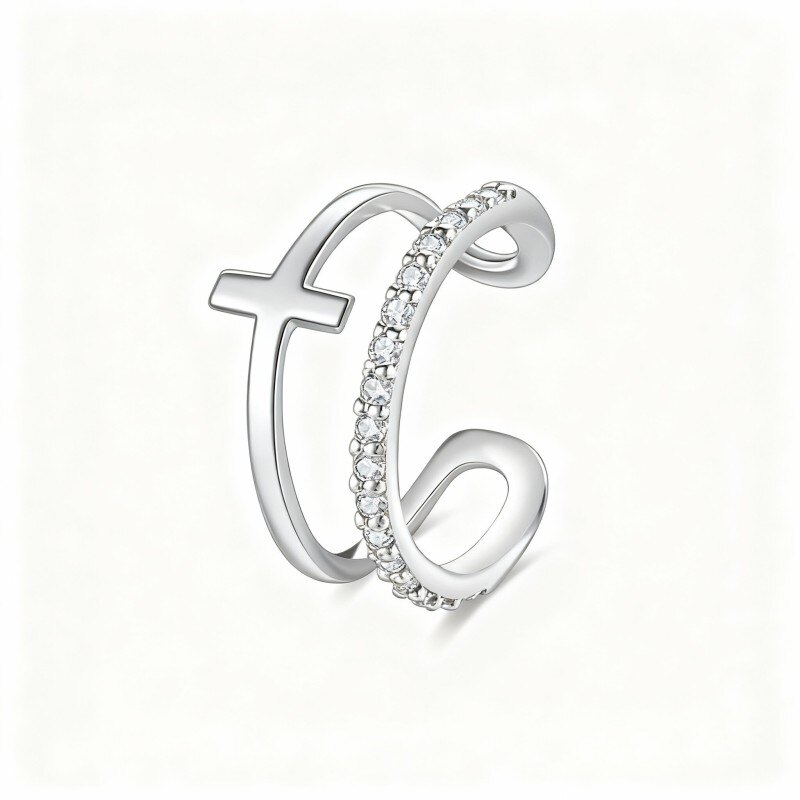 10K White Gold Cubic Zirconia Cross Cuff Earrings-3