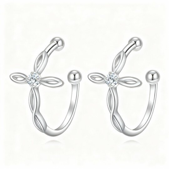 10K White Gold Cubic Zirconia Cross Cuff Earrings