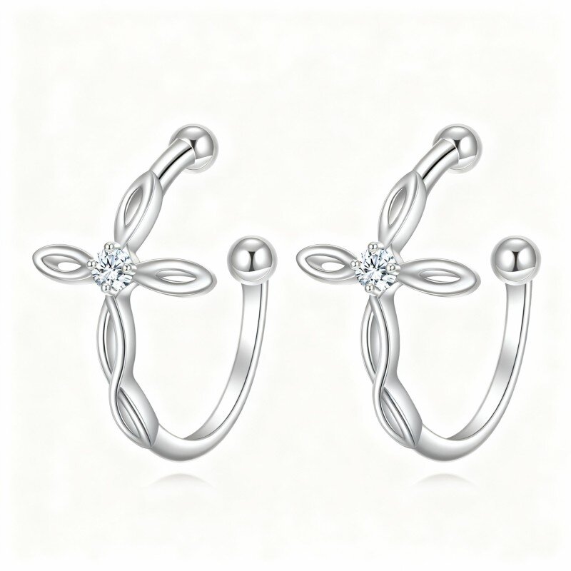 10K White Gold Cubic Zirconia Cross Cuff Earrings-9