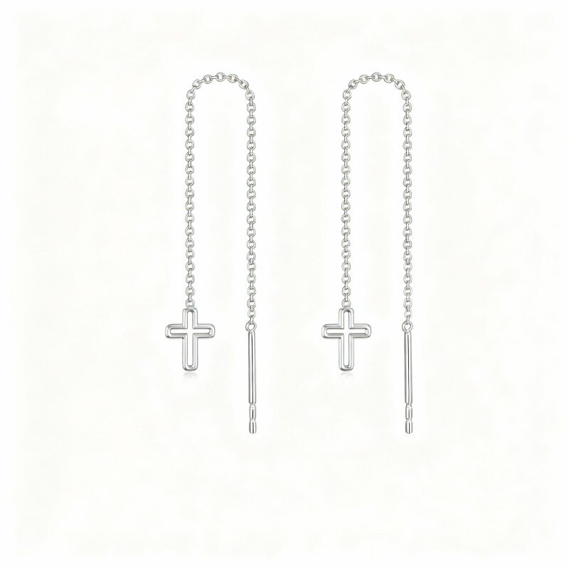 10K White Gold Cross Drop Earrings-18