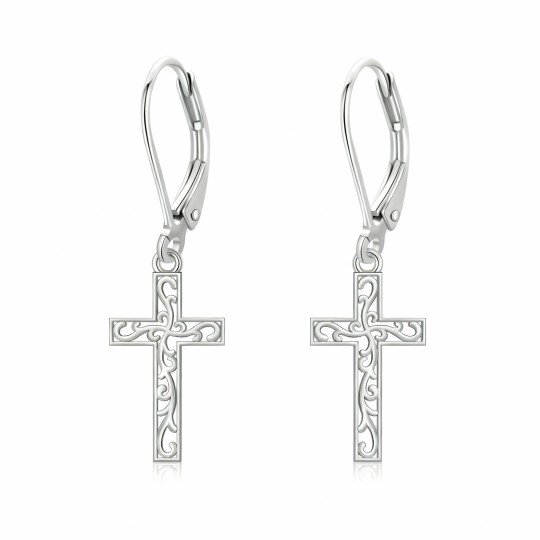 10K White Gold Cross Drop Earrings