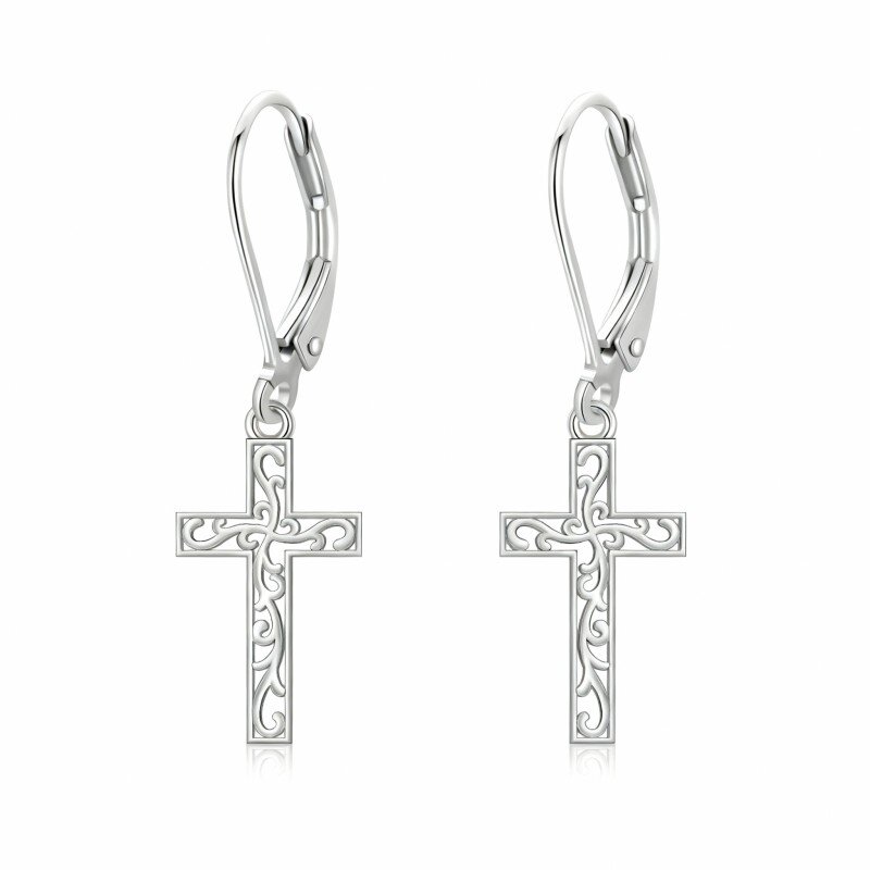 10K White Gold Cross Drop Earrings-17