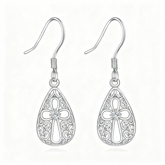 10K White Gold Cubic Zirconia Cross Drop Earrings