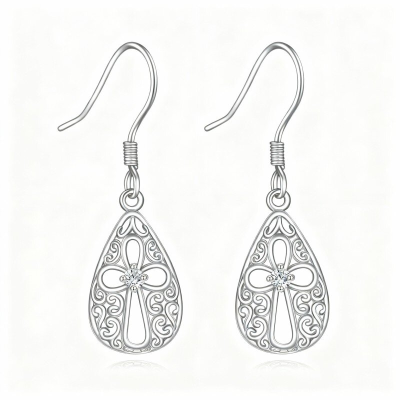 Orecchini pendenti a croce in oro bianco 10 carati con zirconi cubici-16