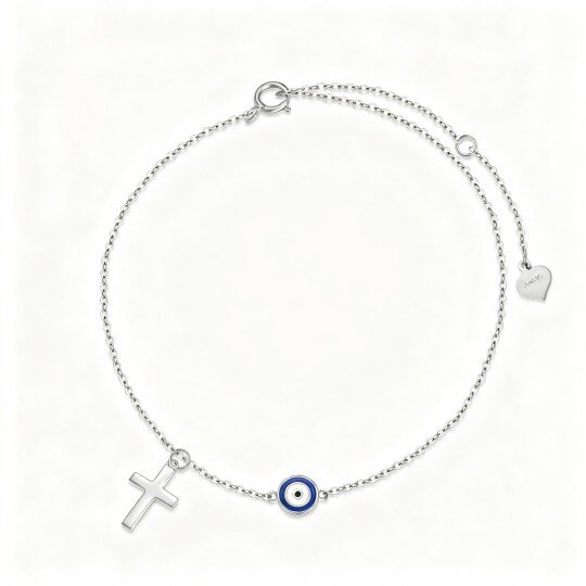 10K White Gold Cross & Evil Eye Single Layer Charm Anklet