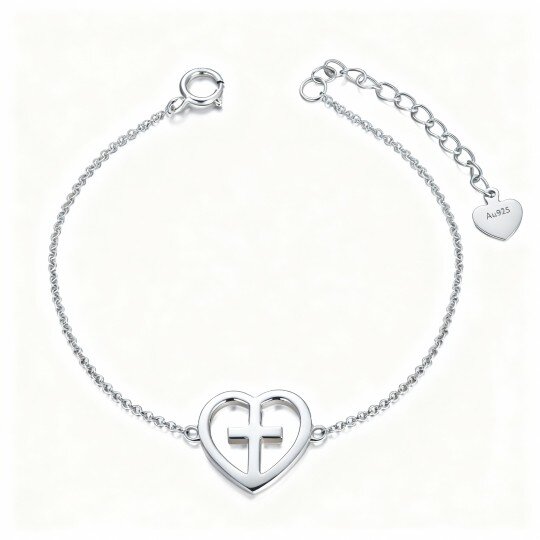 Bracciale con ciondolo a forma di croce e cuore in oro bianco 10K
