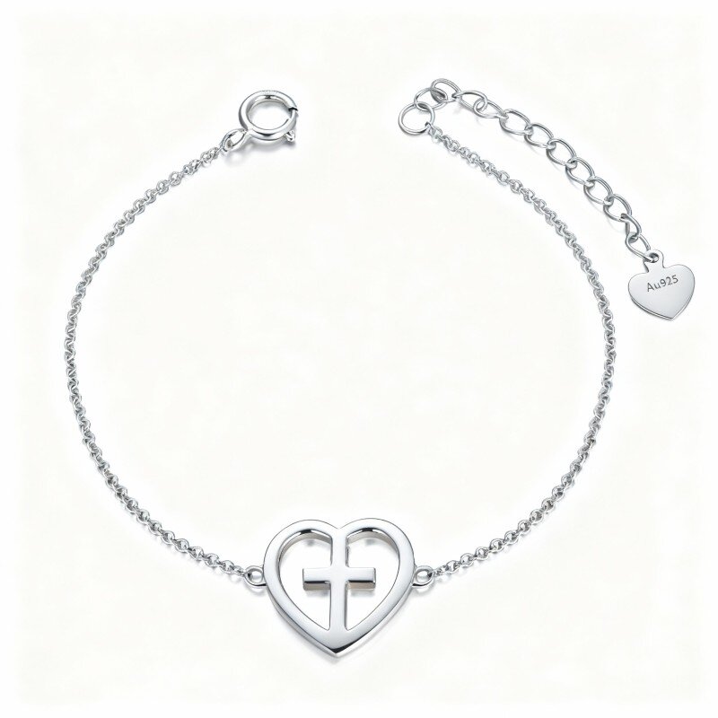 10K White Gold Cross & Heart Charm Bracelet-20