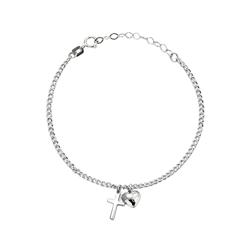Pulsera con dije de cruz y corazón de oro blanco de 10 quilates-1