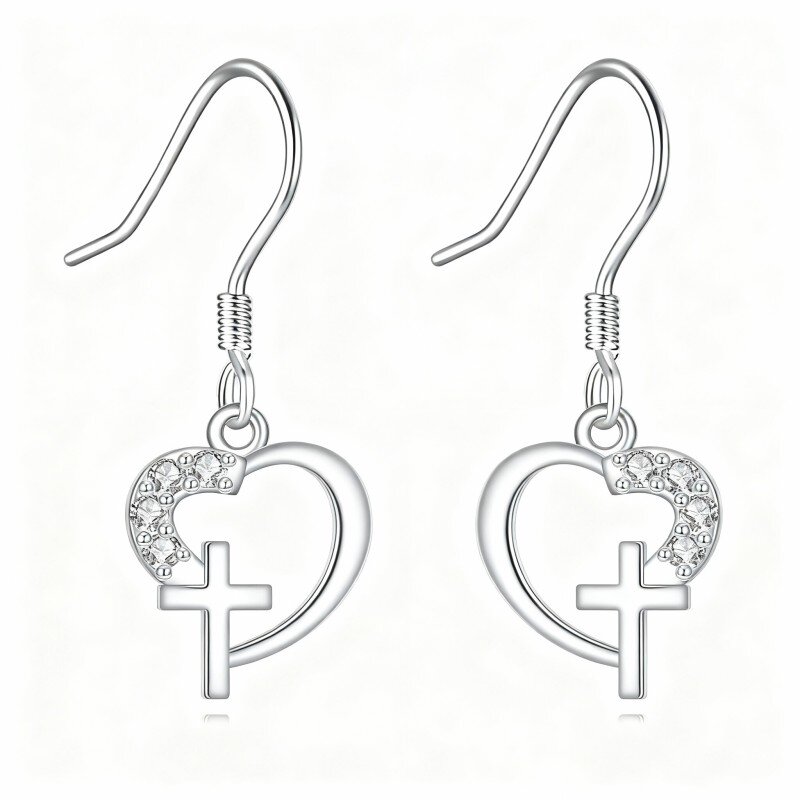 10K White Gold Cubic Zirconia Cross & Heart Drop Earrings-1