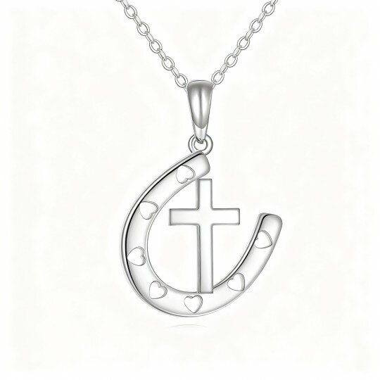 10K White Gold Cross & Heart & Horseshoe Pendant Necklace