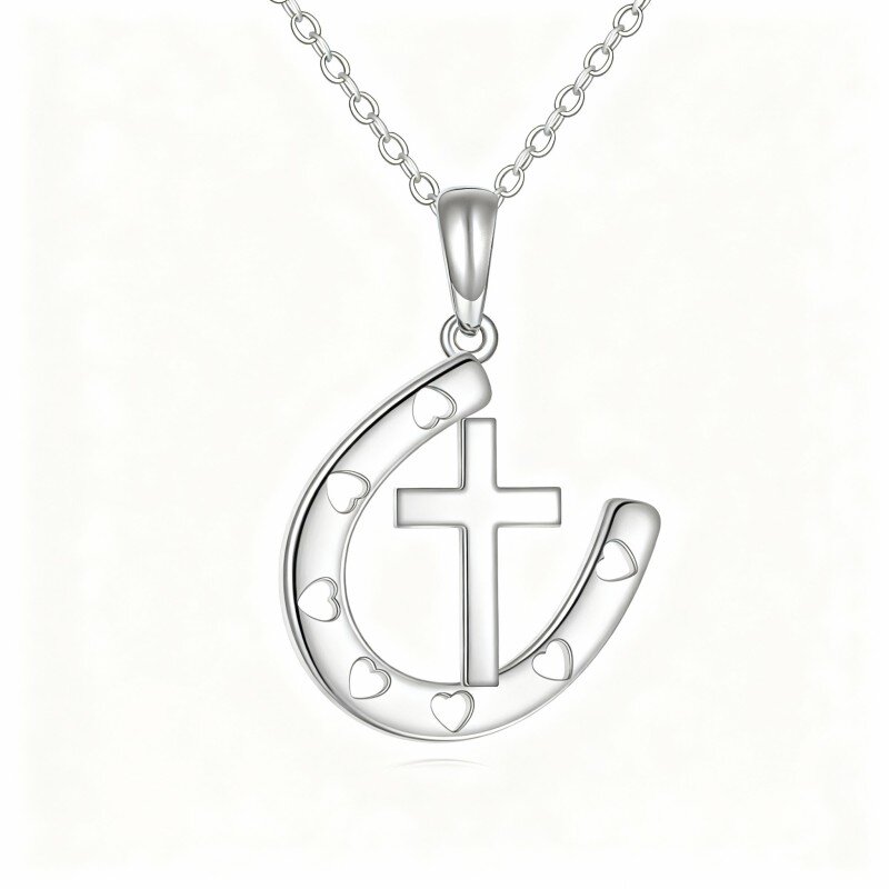 قلادة من الذهب الأبيض عيار 10 قيراط على شكل صليب وقلب وحدوة حصان-1