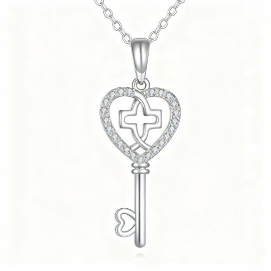 10K White Gold Cubic Zirconia Cross & Heart & Key Pendant Necklace