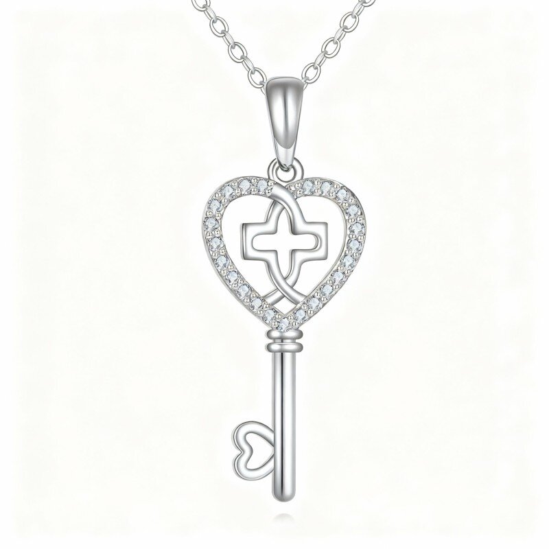 10K White Gold Cubic Zirconia Cross & Heart & Key Pendant Necklace-2