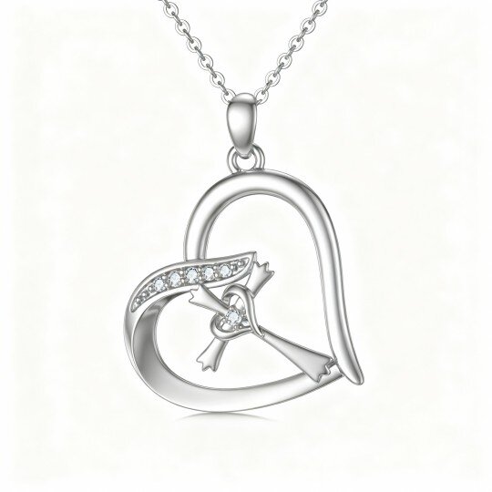 10K White Gold Cubic Zirconia Cross & Heart Pendant Necklace