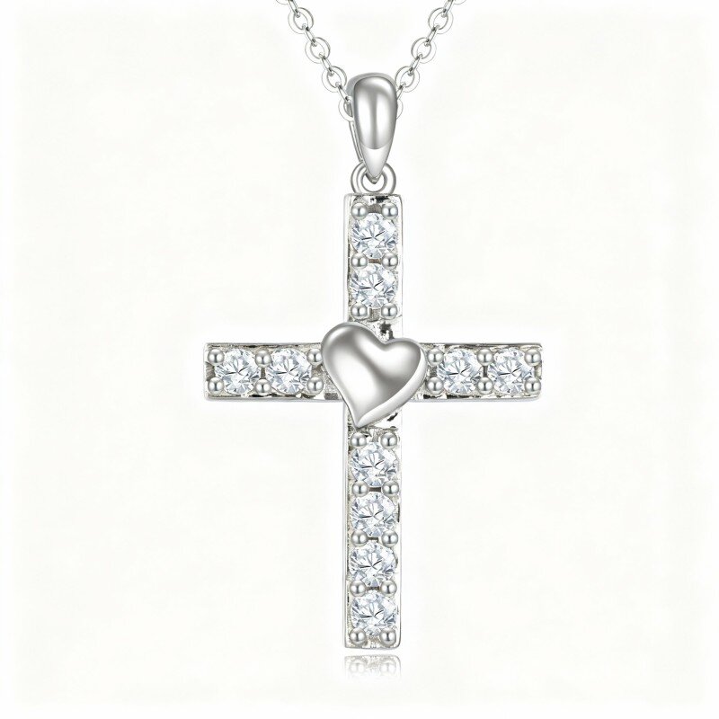 9K White Gold Cubic Zirconia Cross & Heart Pendant Necklace-5