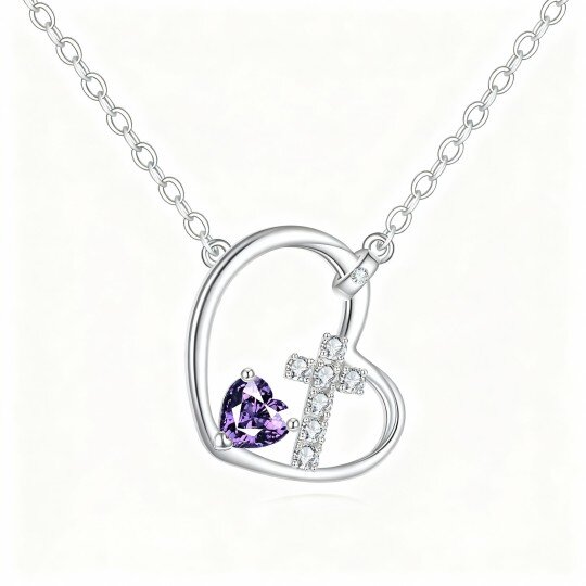 10K White Gold Cubic Zirconia Cross & Heart Pendant Necklace