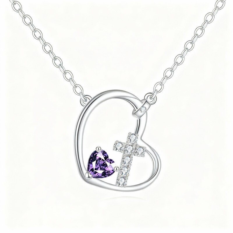 10K White Gold Cubic Zirconia Cross & Heart Pendant Necklace-3