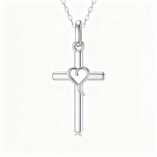 10K White Gold Cross & Heart Pendant Necklace