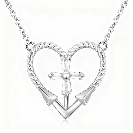 10K White Gold Cubic Zirconia Cross & Heart Pendant Necklace