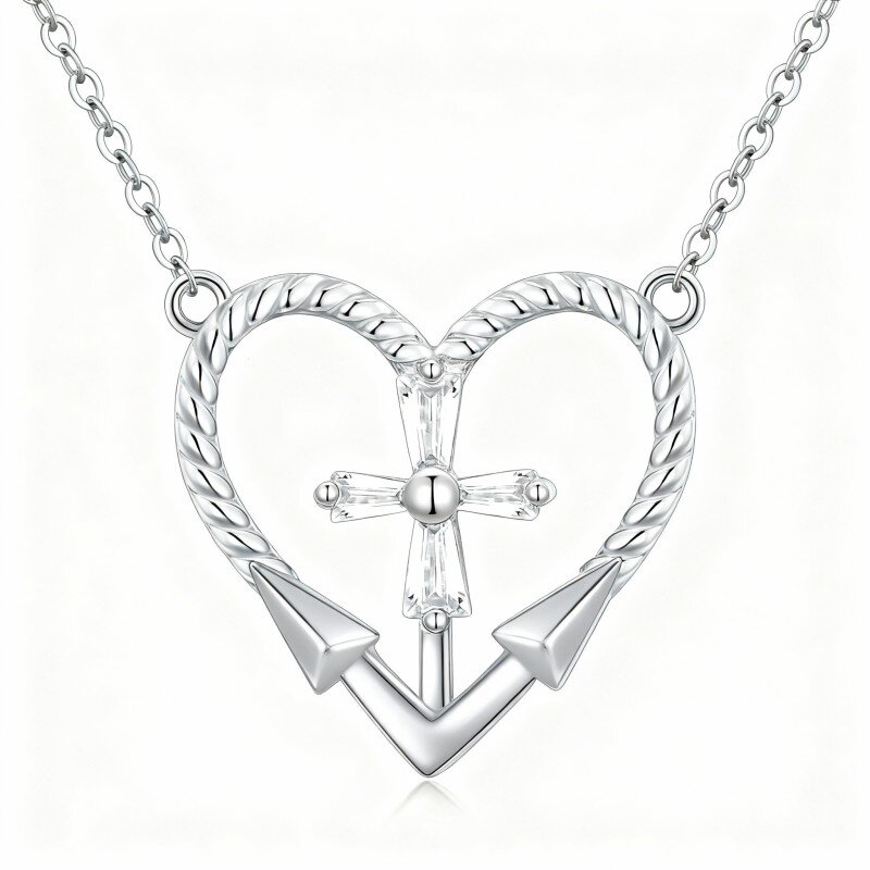 Colar com pendente de cruz e coração em ouro branco 10K com zircónias cúbicas-11