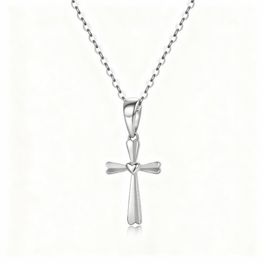 10K White Gold Cross & Heart Pendant Necklace