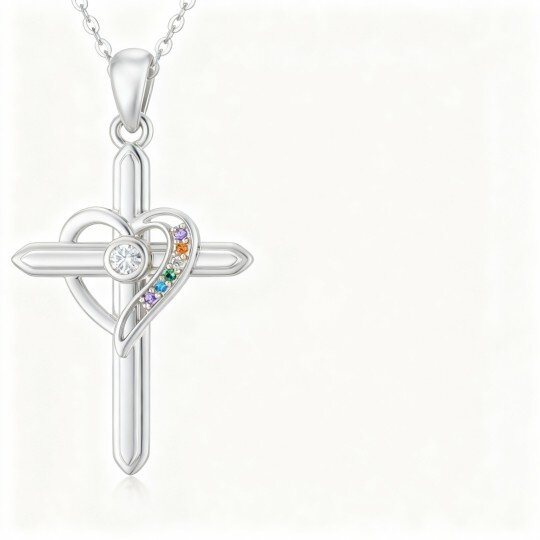 10K White Gold Cross & Heart Pendant Necklace