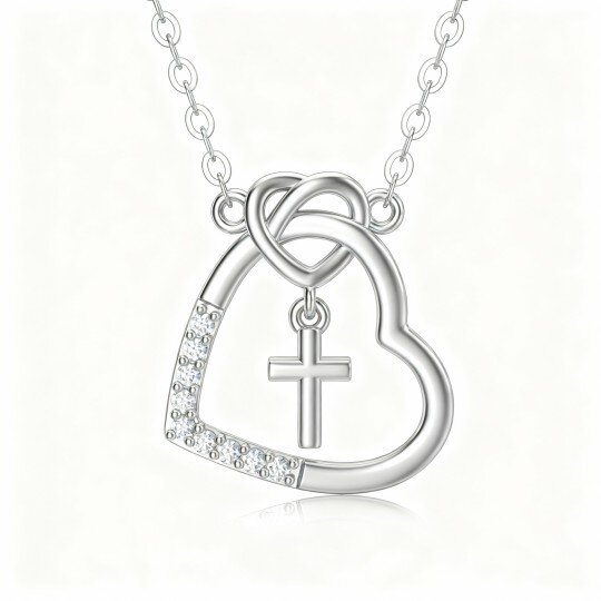 Colar com pendente de cruz e coração em ouro branco 10K com zircónias cúbicas