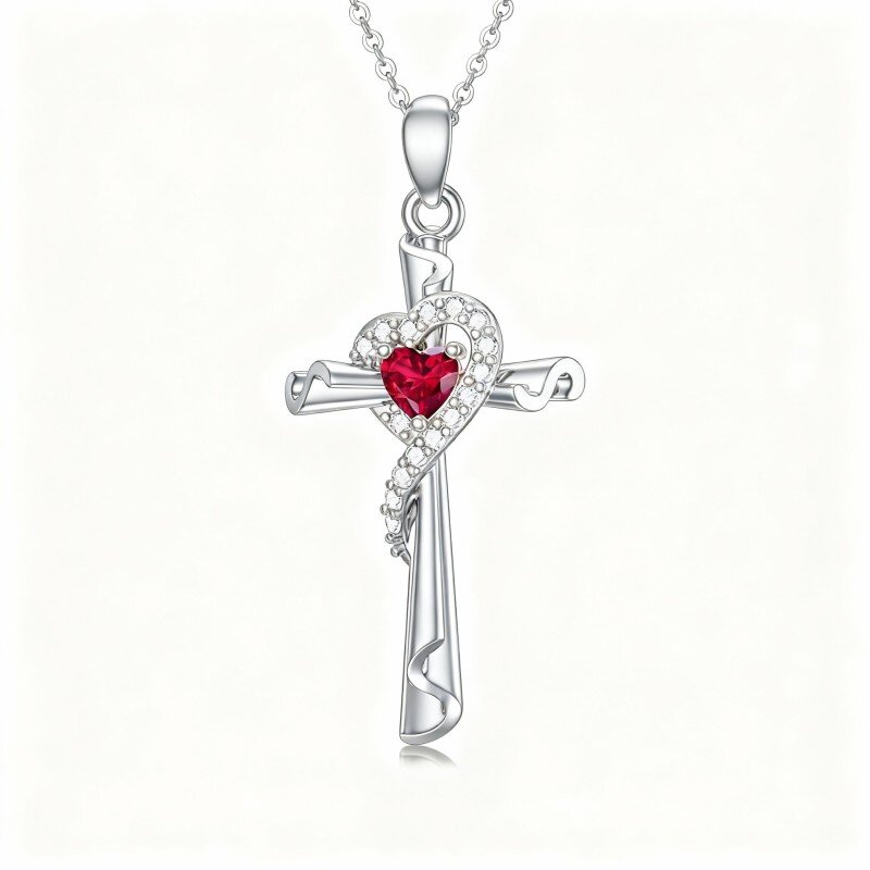 10K White Gold Cubic Zirconia Cross & Heart Pendant Necklace-1