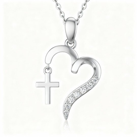 10K White Gold Cubic Zirconia Cross & Heart Pendant Necklace